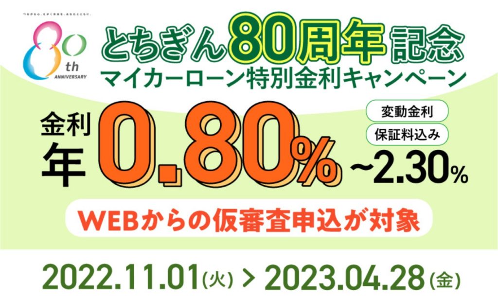 栃木銀行80周年記念マイカーローン特別金利キャンペーン実施中