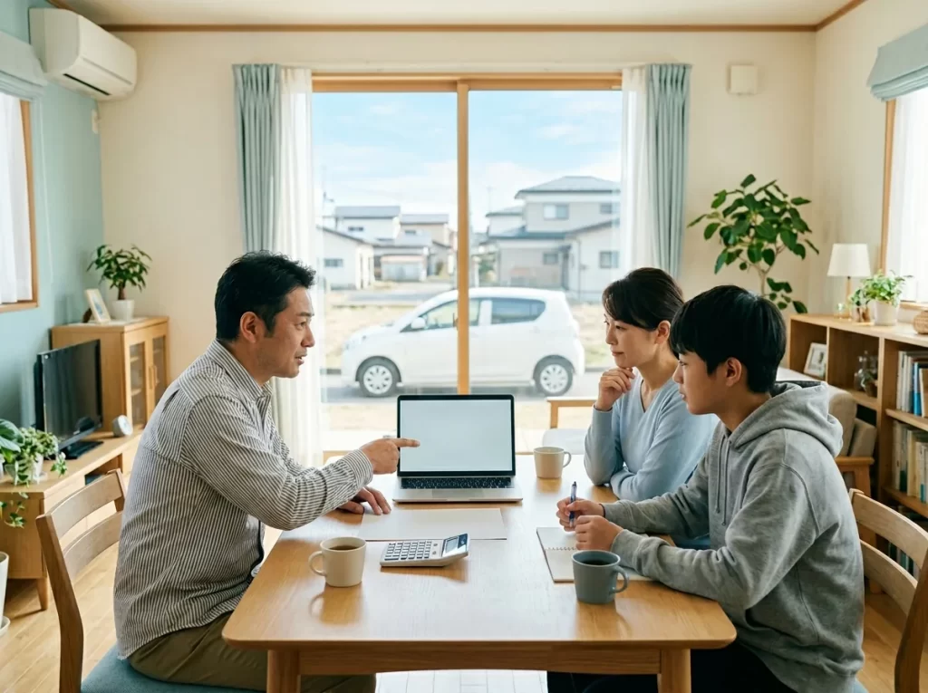 マイカーローンの条件を家族で確認している様子