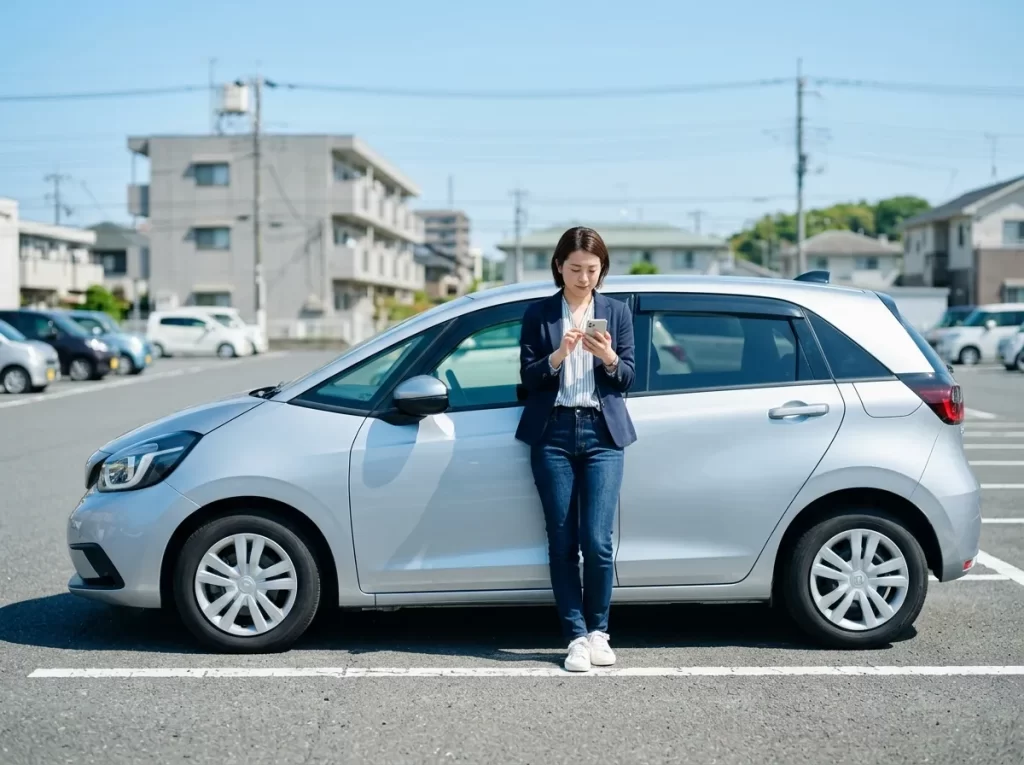 湘南エリアの駐車場で車購入とローンを検討する様子