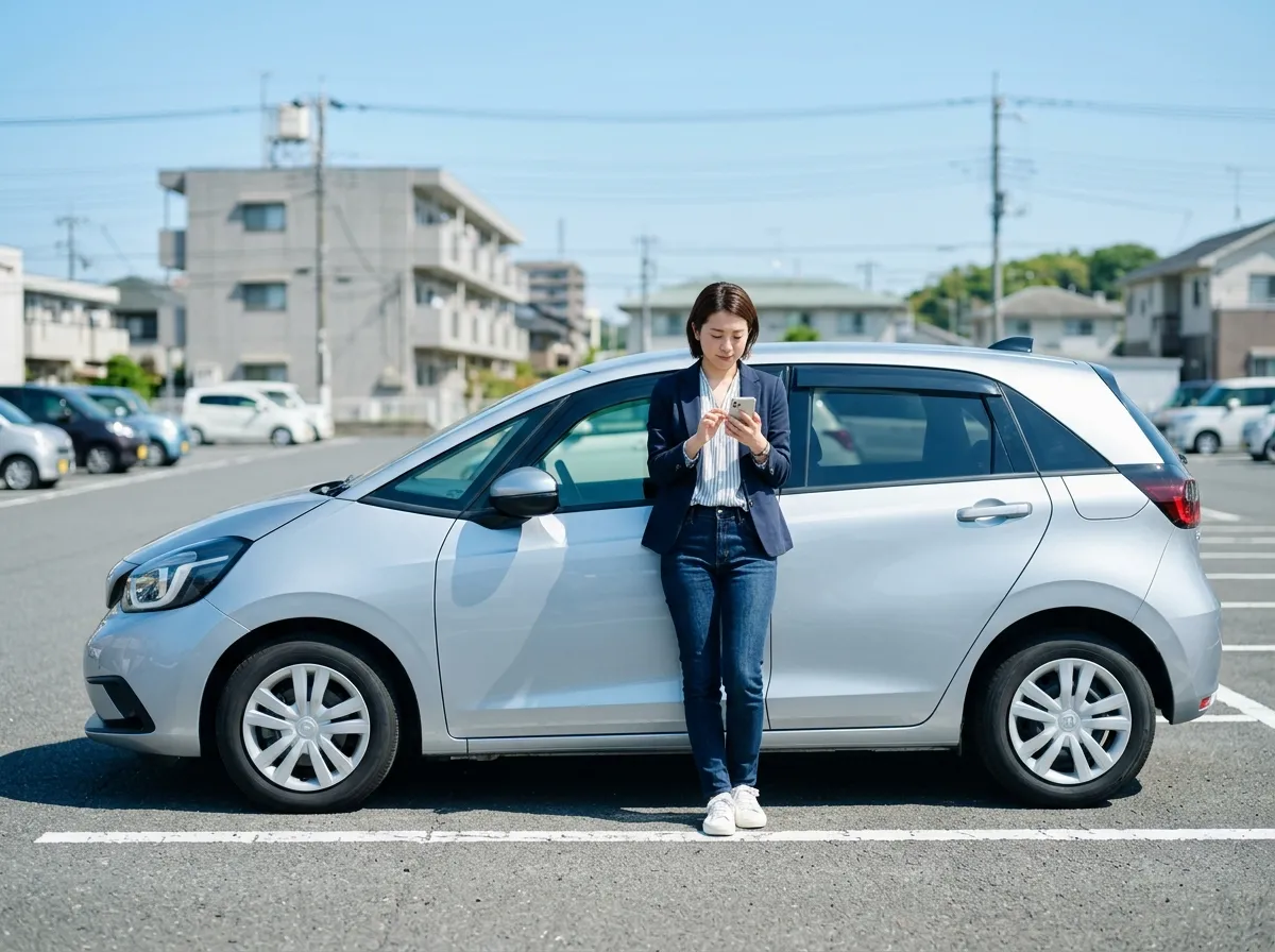湘南エリアの駐車場で車購入とローンを検討する様子
