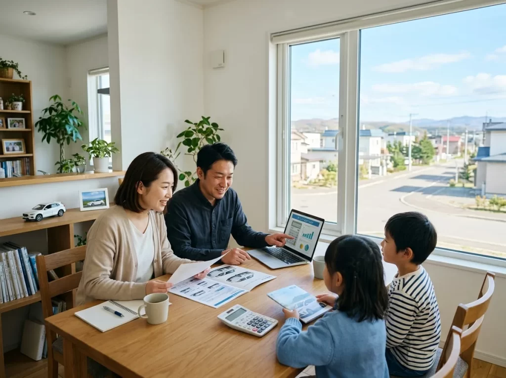 北海道でマイカーローンの条件を家族で確認している様子