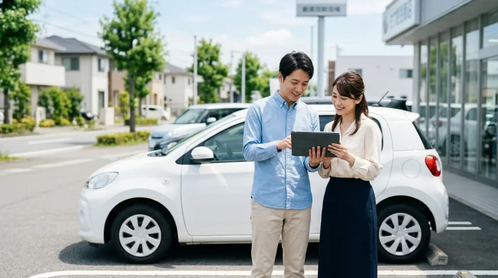 愛知県の都市近郊で車購入とローンを検討する様子