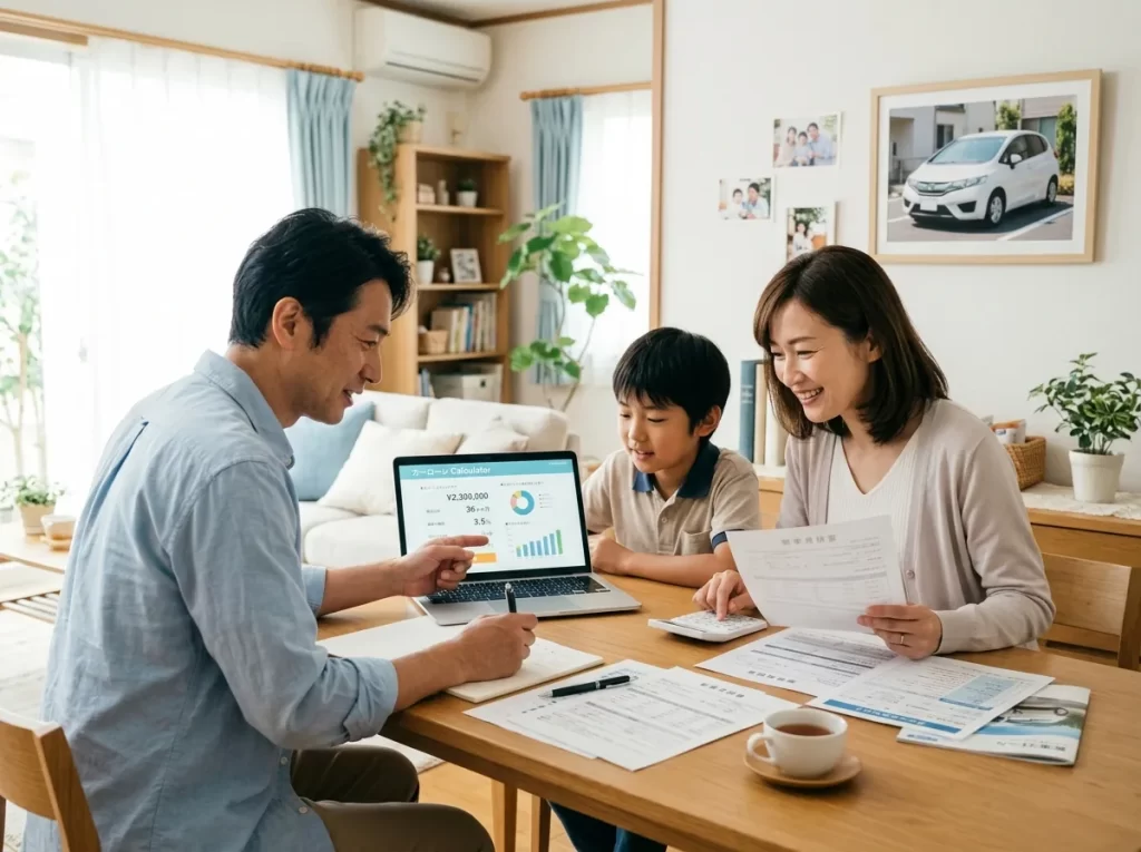 マイカーローンの条件を家族で確認している様子