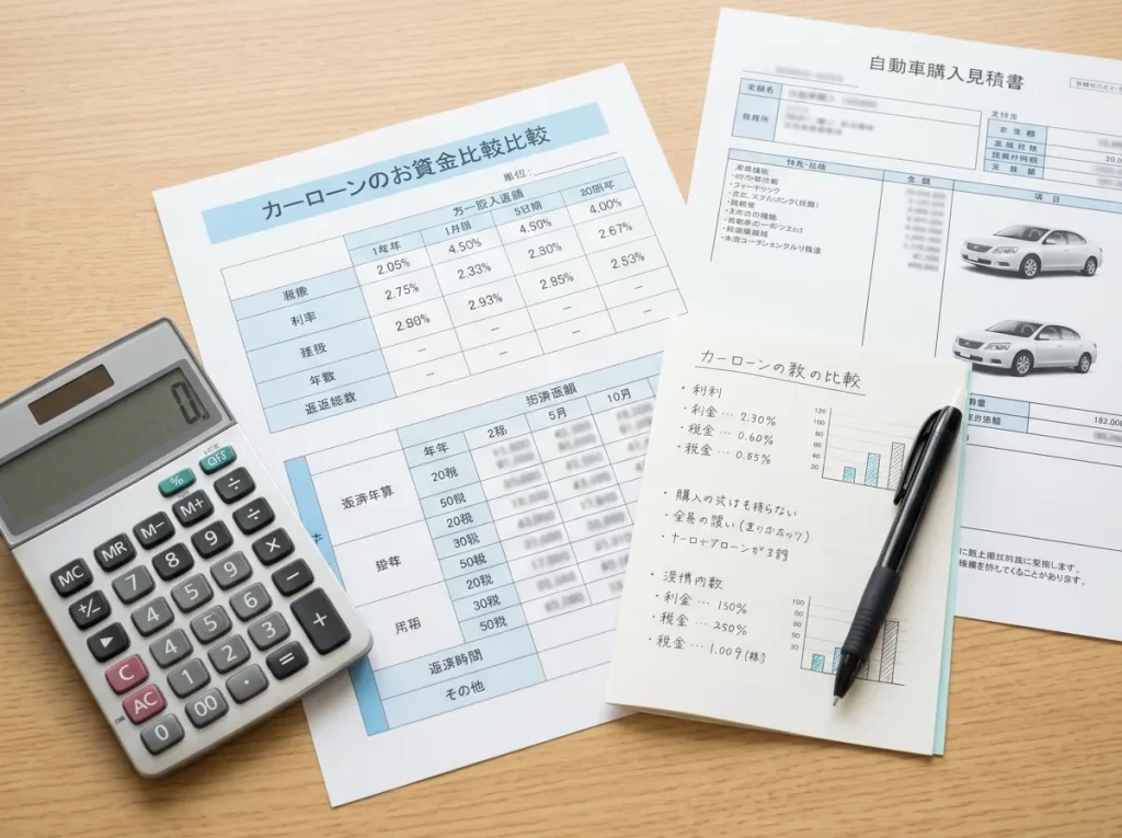 マイカーローンの金利や返済条件を確認する資料