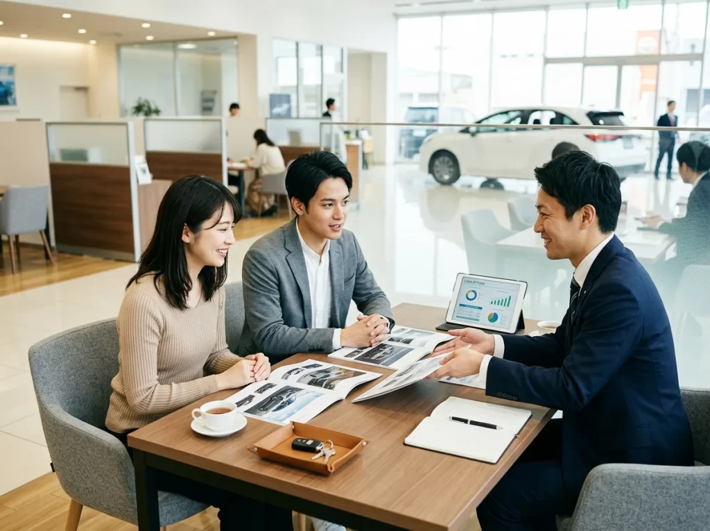 車販売店でマイカーローンの条件を相談している様子