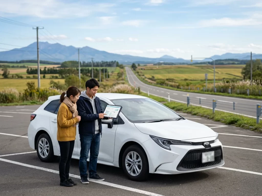 北海道の道路沿いで車購入とローンを検討する様子