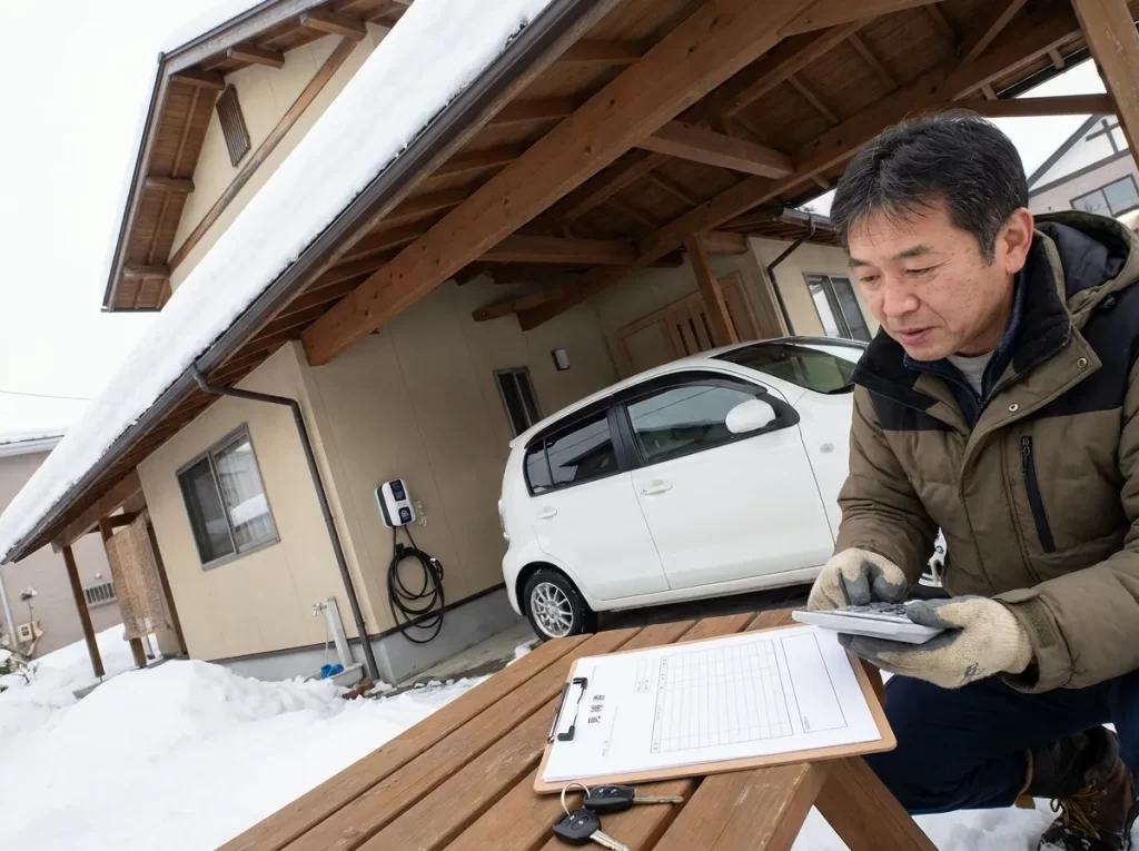 カーポート下でEV充電設備と見積書を確認する手元