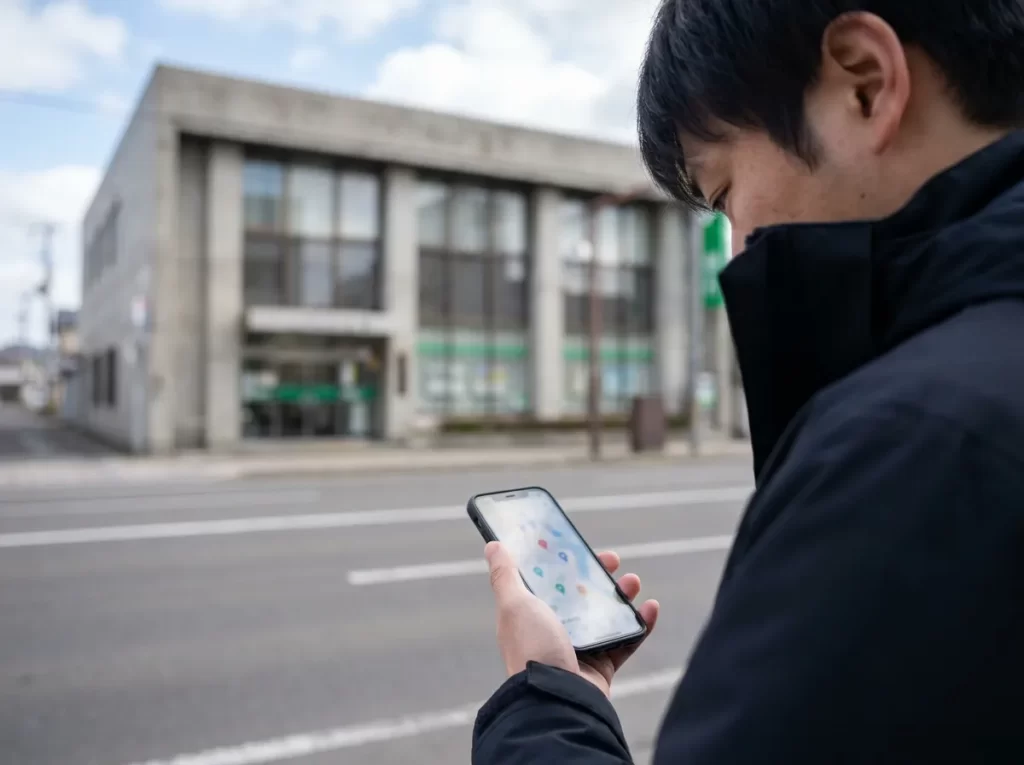 スマホの地図画面と地方銀行店舗の遠景