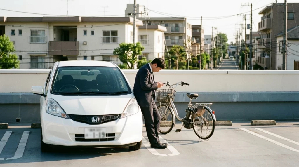 30代会社員が白いコンパクトカーと電動アシスト自転車を横に置き、スマートフォンでローン条件を確認している