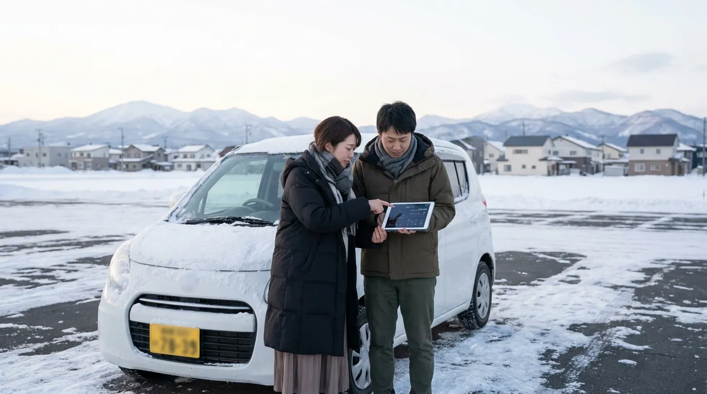 白いコンパクトカーの横に立つ30代の日本人夫婦