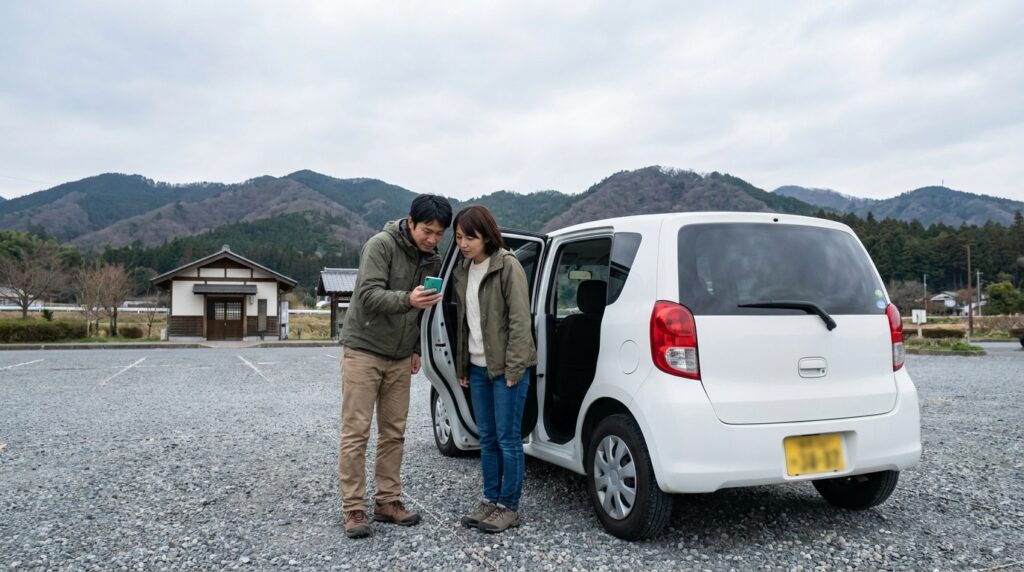 白いファミリーカーの後部座席ドアを開けた状態で、30代の日本人夫婦がスマートフォンのローン事前審査画面を確認している