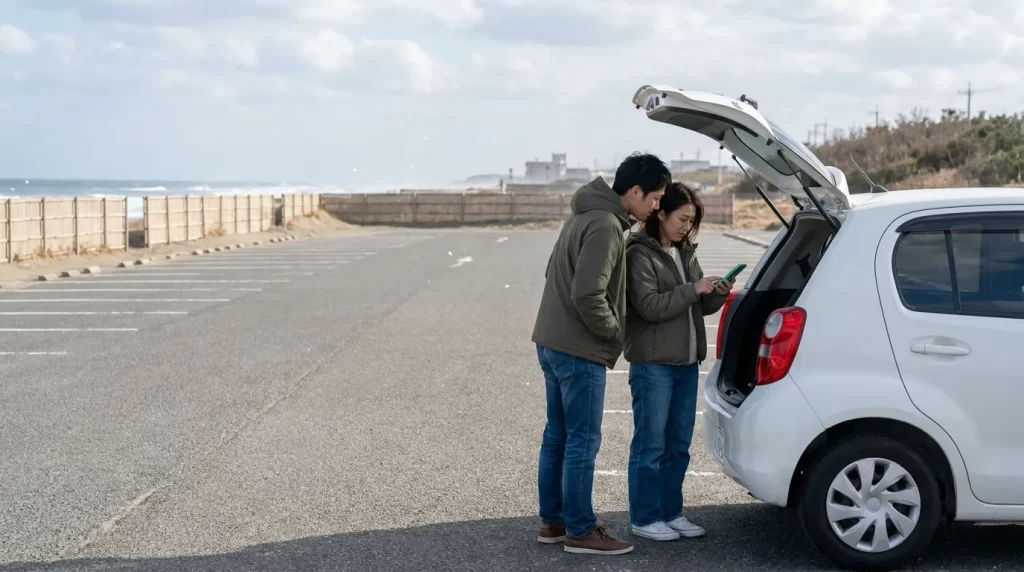 白いコンパクトカーのトランクを開け、30代の日本人夫婦がスマートフォンのローン申込画面を確認している。
