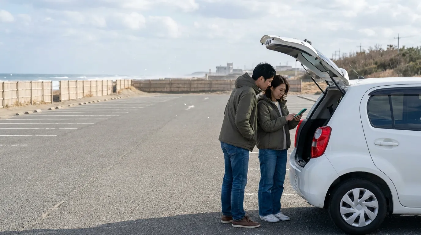 白いコンパクトカーのトランクを開け、30代の日本人夫婦がスマートフォンのローン申込画面を確認している。