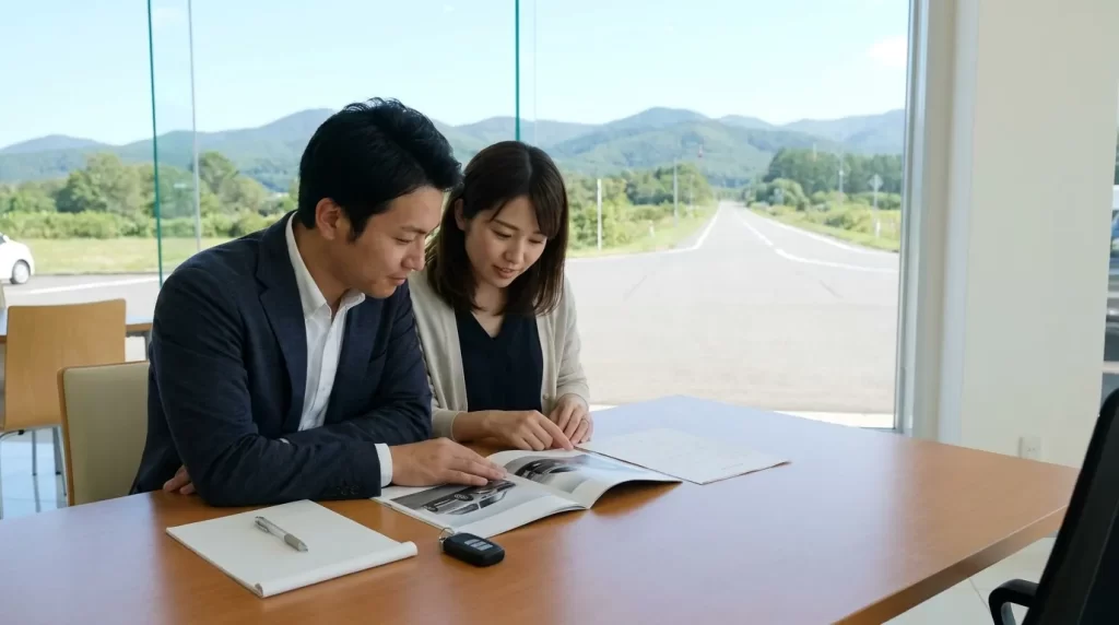 北海道道東の販売店でマイカーローンの見積りを確認する日本人夫