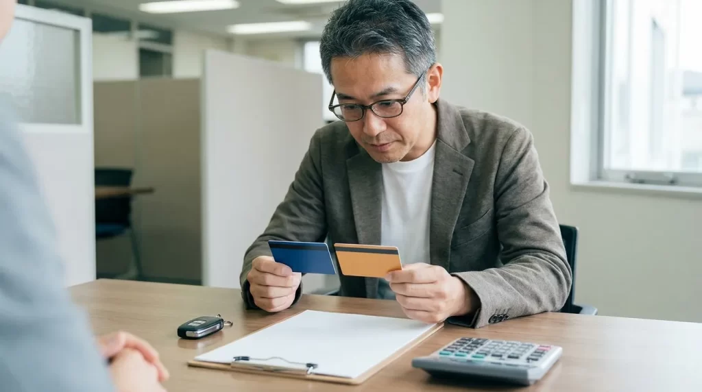 金利表示の違いを見積書と一緒に確認する日本人男性