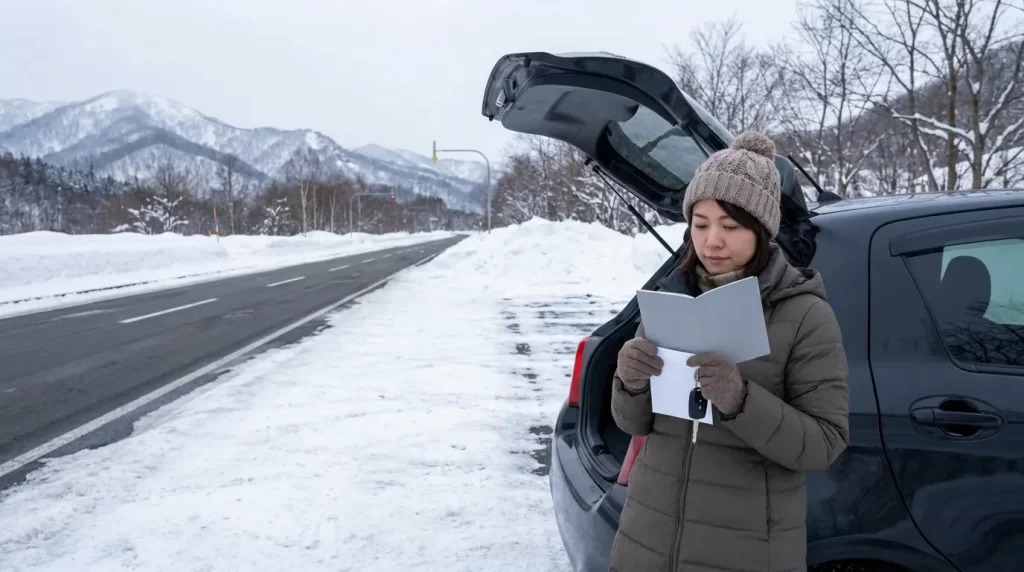 冬道の車利用を想定して車検や用品費用を確認する日本人女性