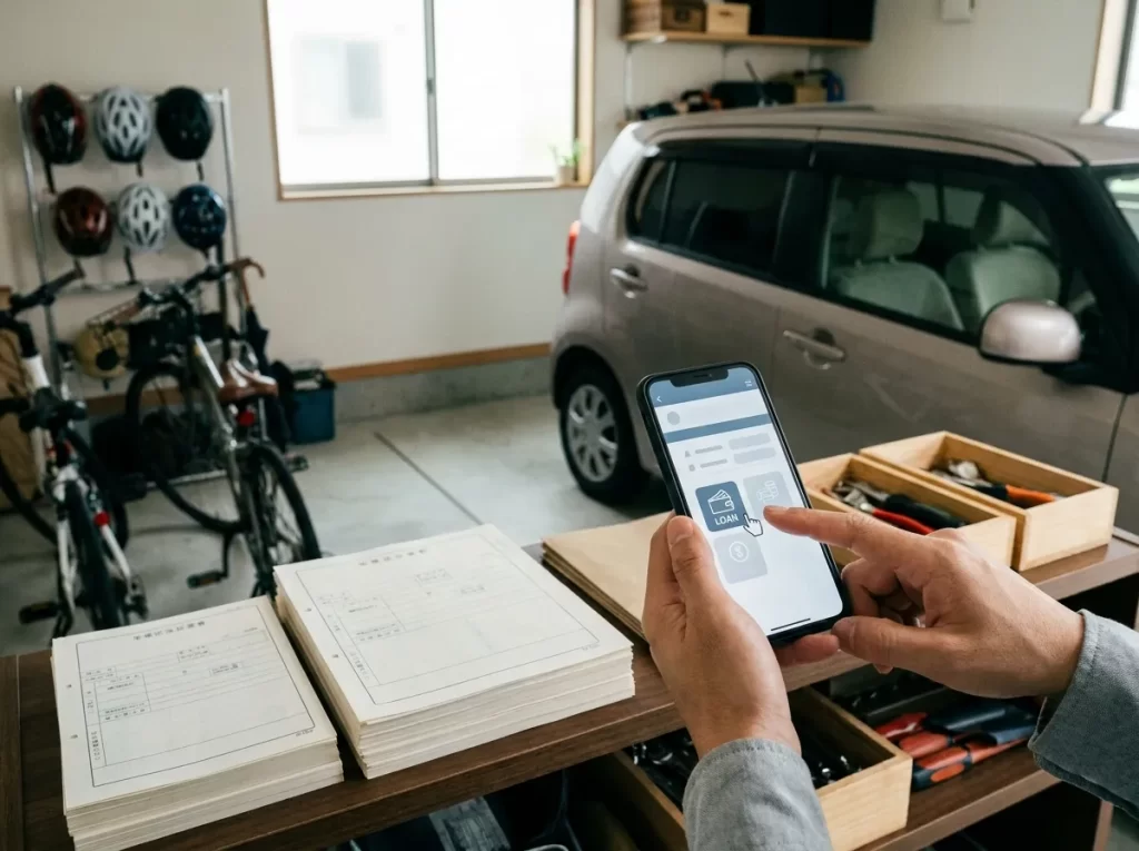 車庫で車・自転車・整備小物を確認する手元