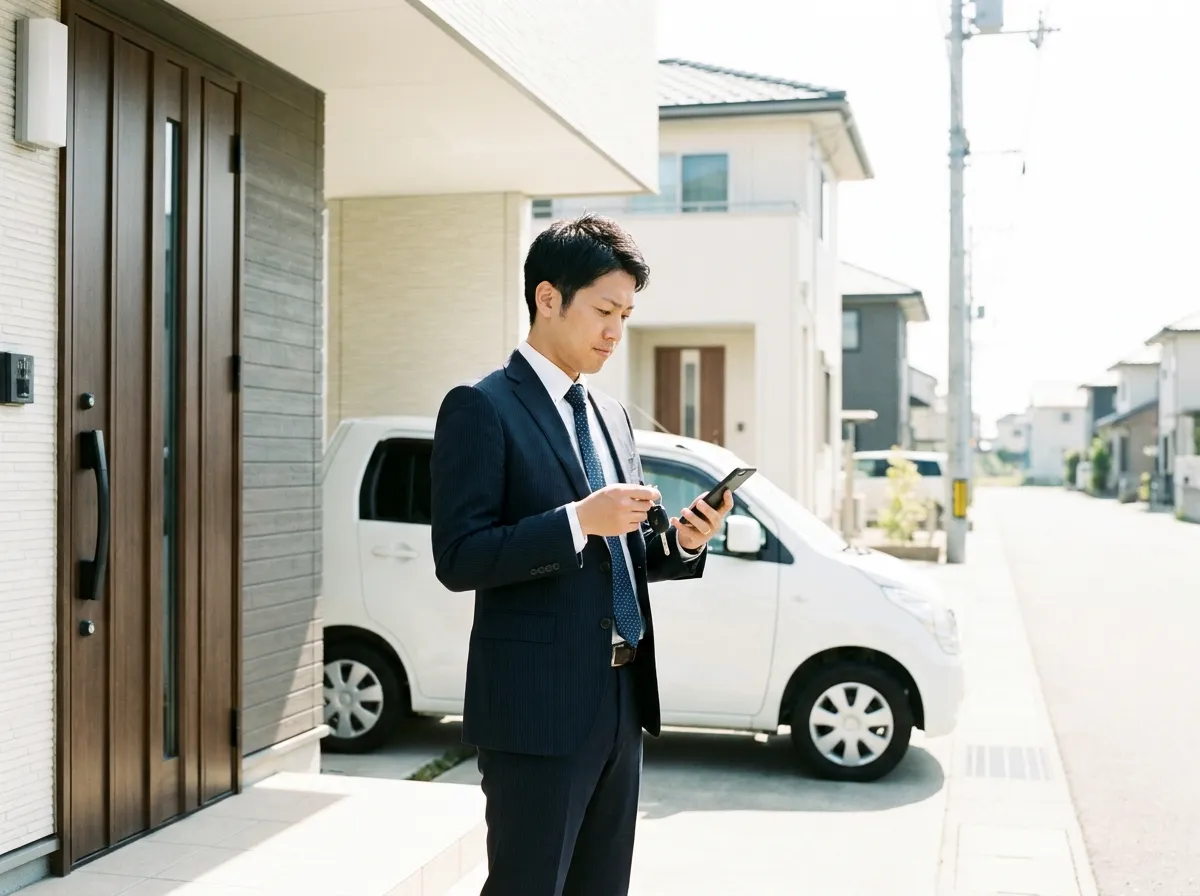車のキーとスマートフォンを手に持ち、出勤前にマイカーローンの条件を確認している