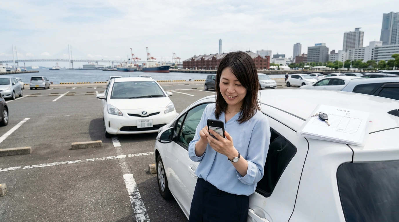 駐車場で車の仮審査をスマートフォンで確認する日本人女性