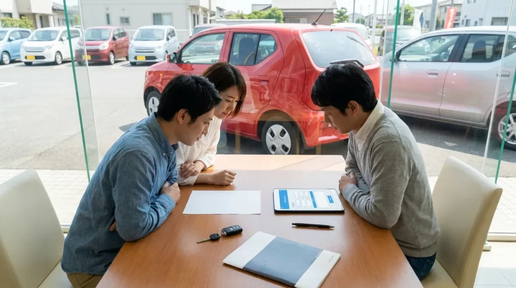自動車販売店で見積書とWEB申込を確認する日本人夫婦