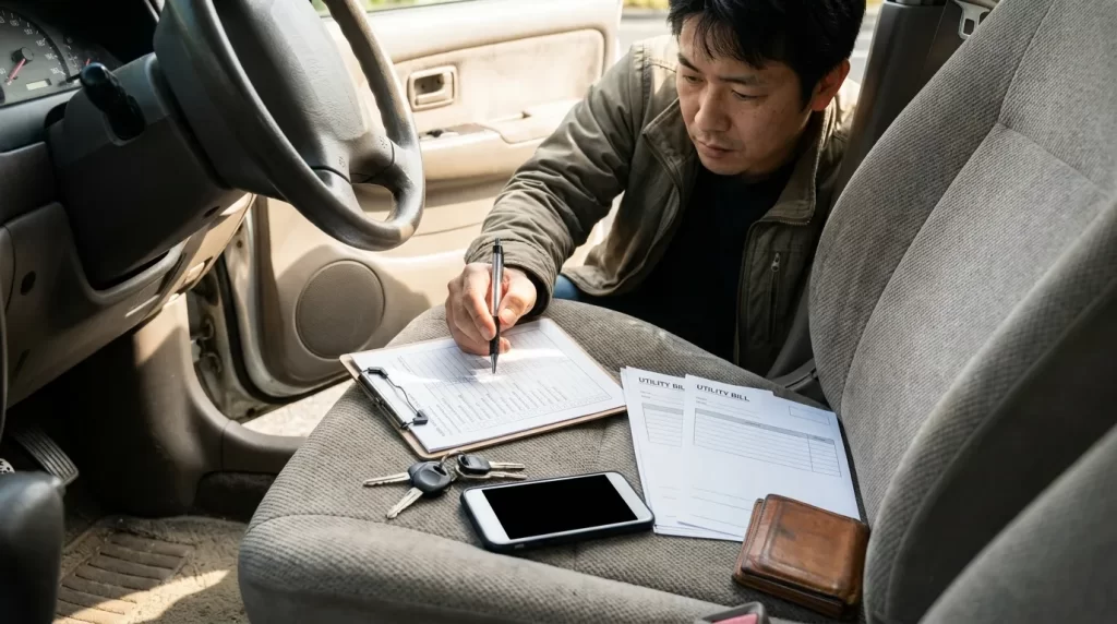 車内で飯能信用金庫マイカーローンの優遇金利条件を確認する日本人男性