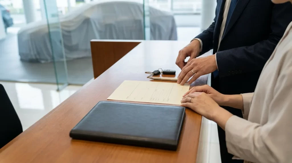 自動車販売店で本人確認書類と見積書を準備する日本人夫婦