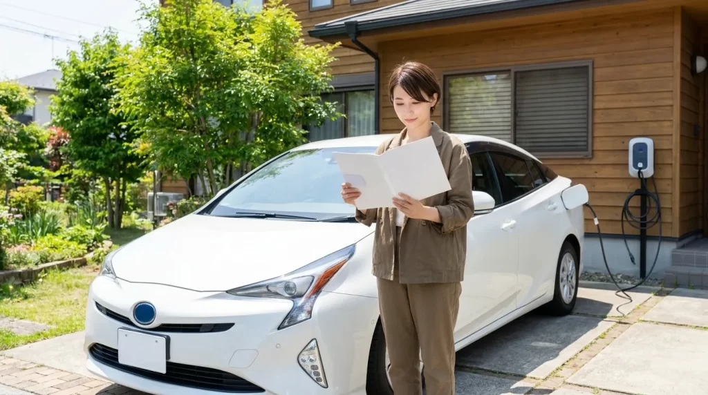 エコカー購入と家族向け優遇を確認する日本人女性
