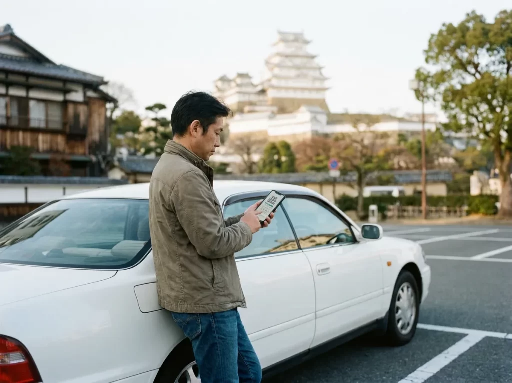 姫路城を遠景に駐車場でスマホ確認する日本人男性