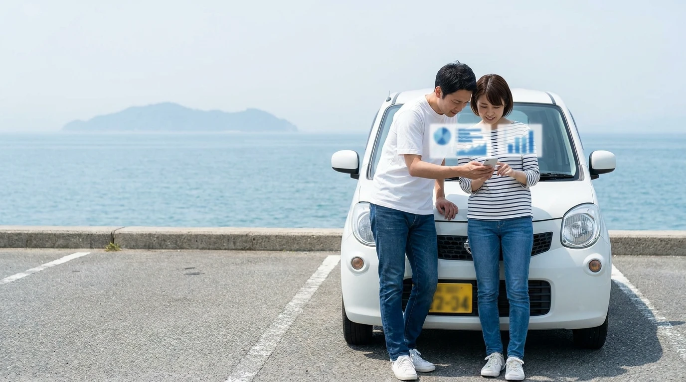 白いコンパクトカーの横に立つ30代の日本人夫婦が、スマートフォンでマイカーローンの返済条件を確認している