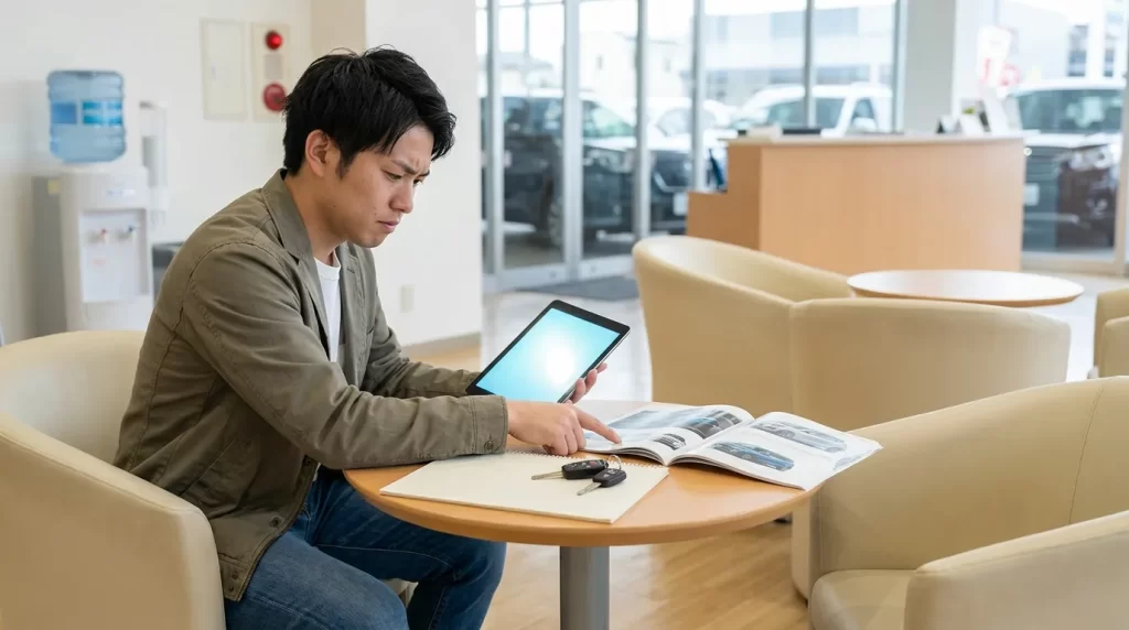 販売店の待合席でローンシミュレーションを確認する日本人男性