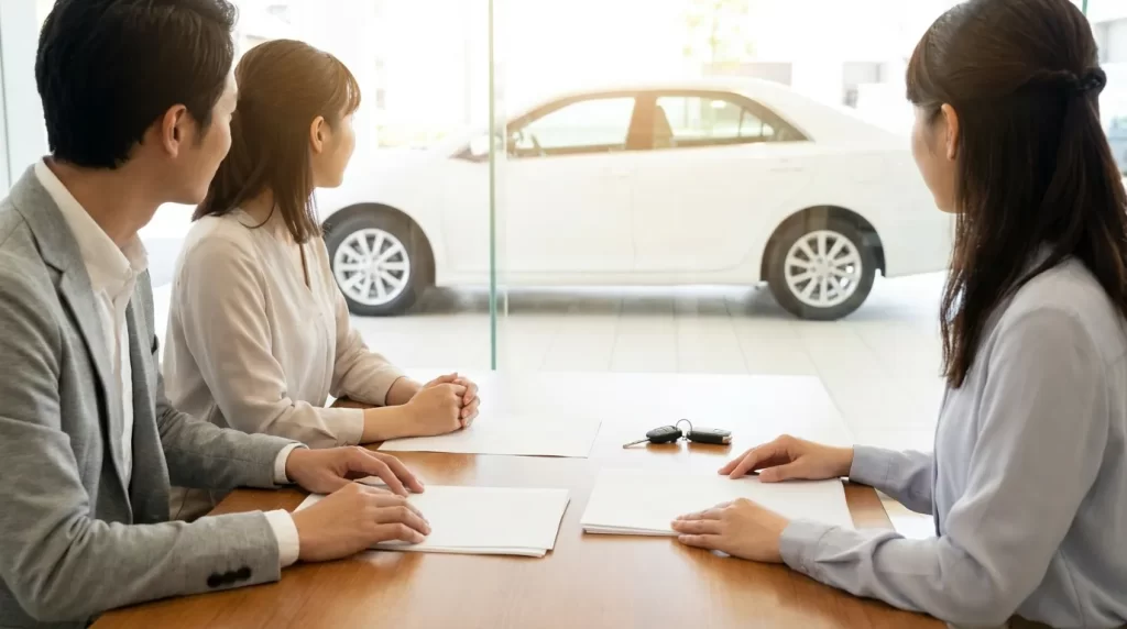 自動車販売店で見積書を確認しながら北見信用金庫カーローンを検討する日本人夫婦