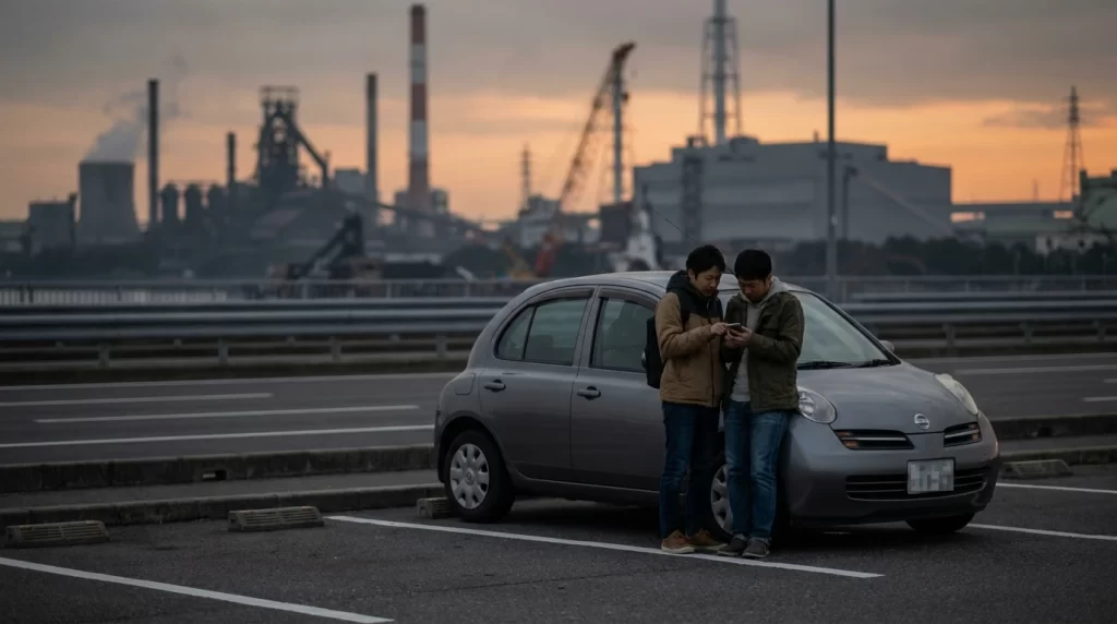 倉敷市水島エリアを連想させる道路沿いの駐車場で、日本人夫婦が車の横でスマートフォンの申込条件を確認している
