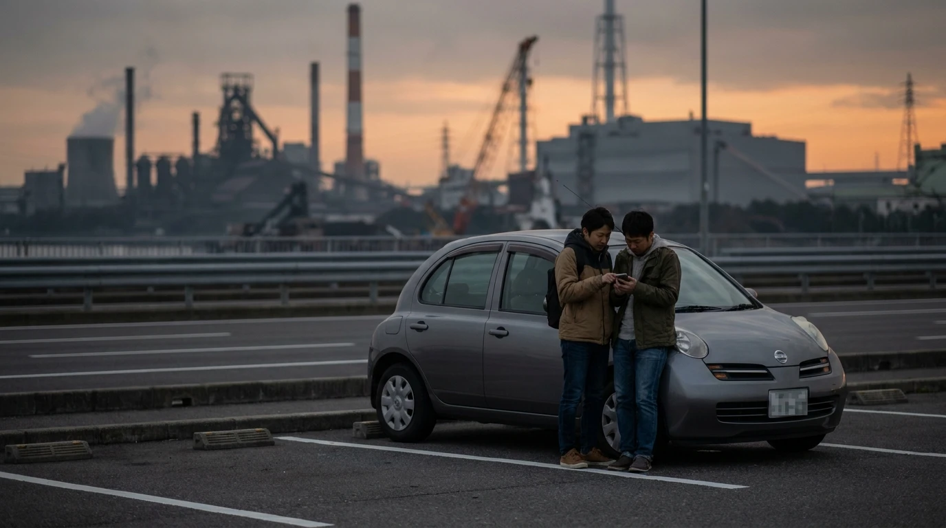 倉敷市水島エリアを連想させる道路沿いの駐車場で、日本人夫婦が車の横でスマートフォンの申込条件を確認している