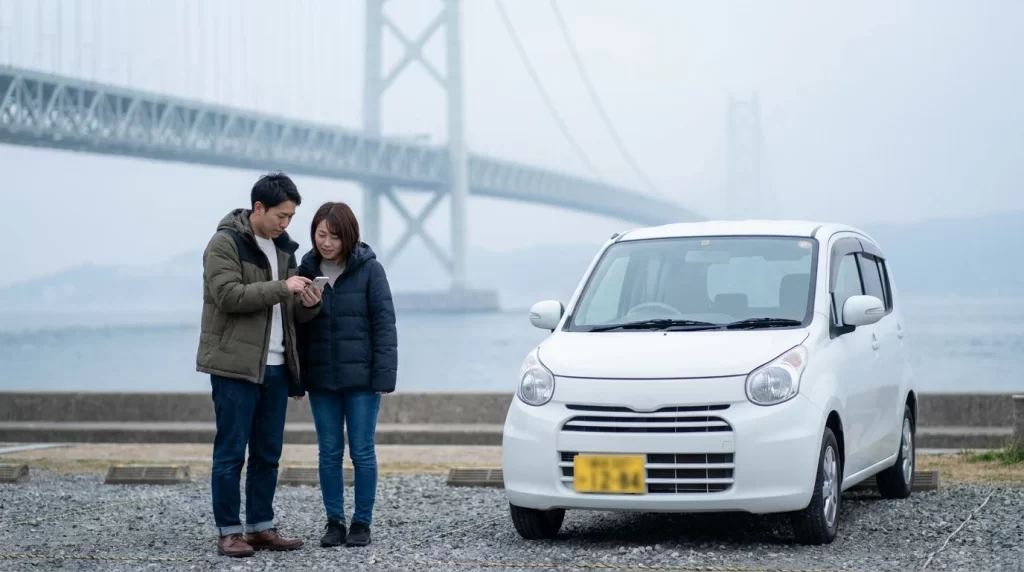 室蘭の港湾道路を連想させる海沿い駐車場で、日本人夫婦が車の横でスマートフォンの申込画面を確認している