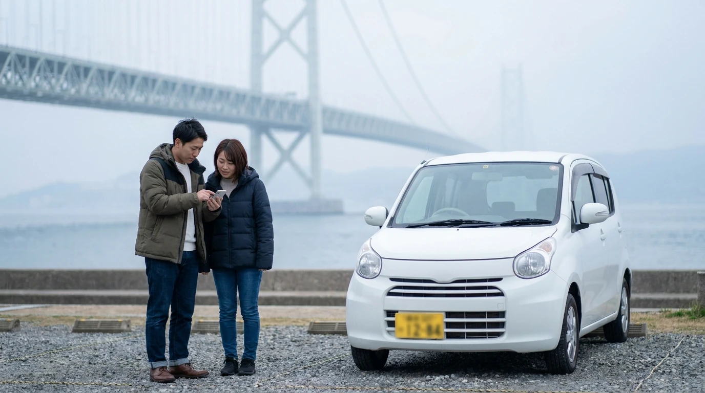 室蘭の港湾道路を連想させる海沿い駐車場で、日本人夫婦が車の横でスマートフォンの申込画面を確認している