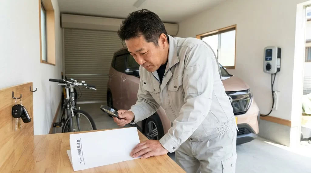 車庫とEV充電設備の見積書を確認する男性