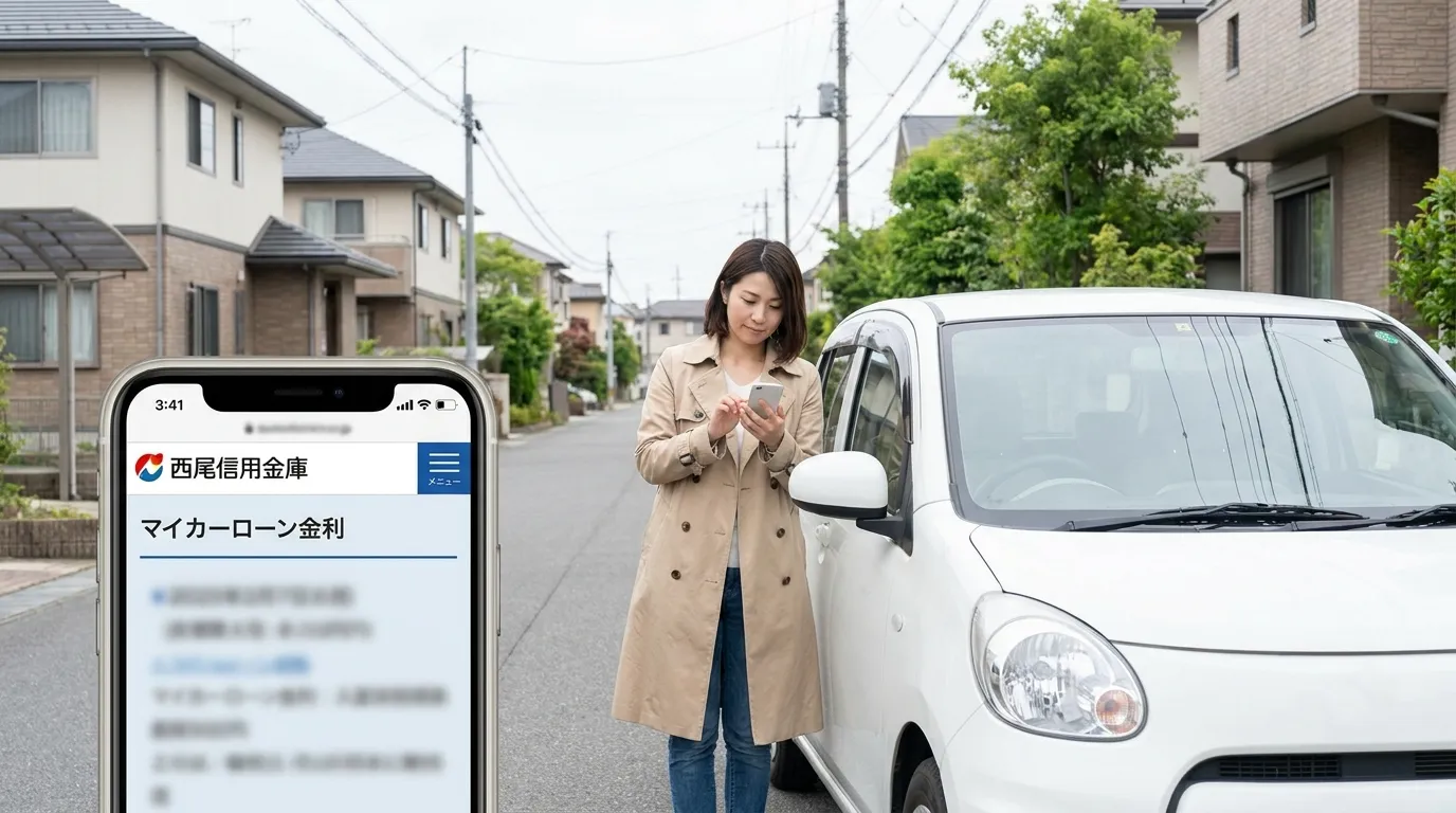 三河の住宅街で車とスマホを確認する日本人女性