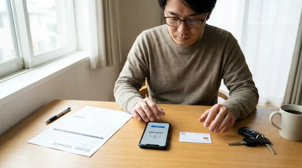 本人確認書類とスマホでWEB完結申込を準備する男性