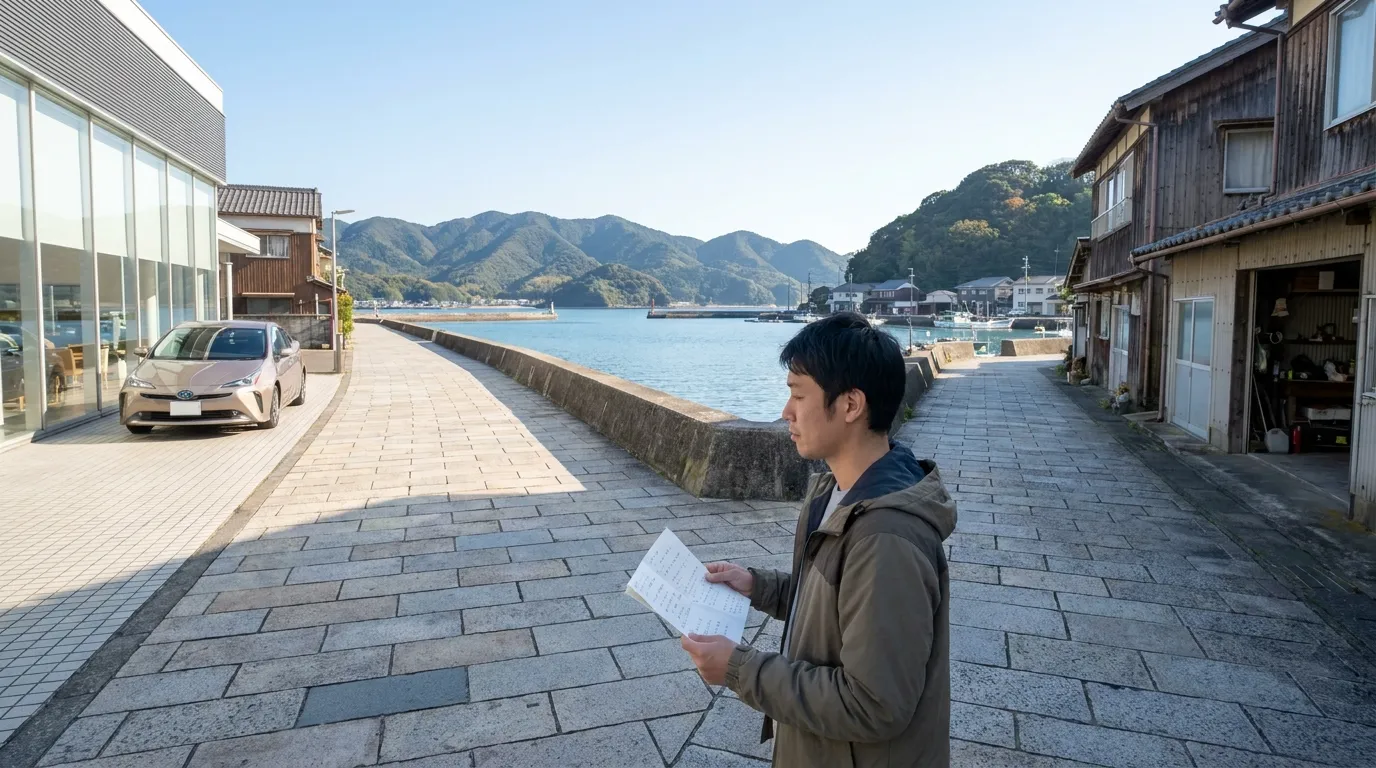 大分信用金庫マイカーローンの使いみちを海沿いの分岐路で考える日本人男性