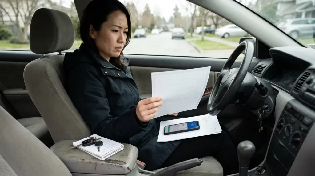 車内でマイカーローンの借換資料を確認する日本人女性