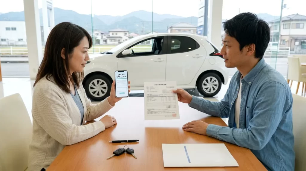 岐阜県内の販売店でスマートフォンからマイカーローンを確認する日本人夫婦