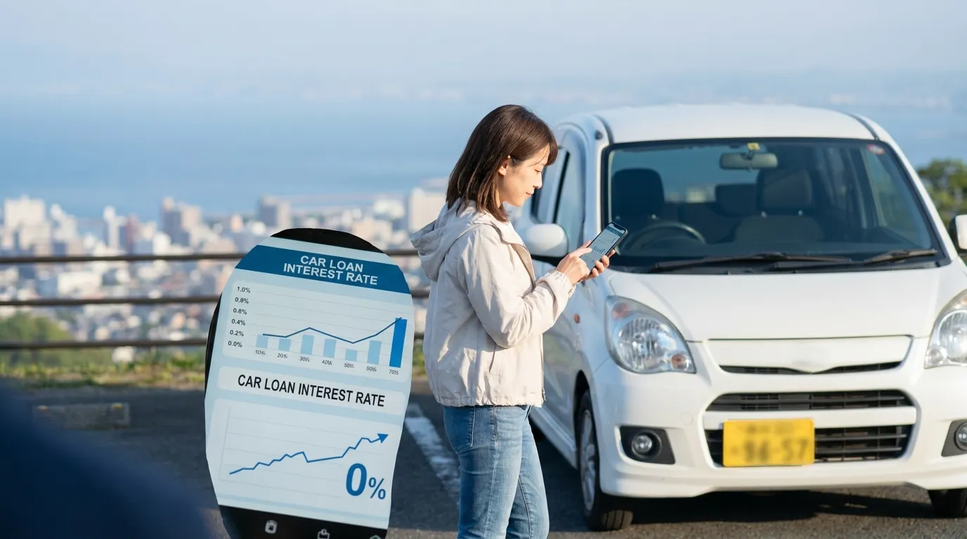 別府湾遠景の駐車場で車とスマホを確認する日本人女性