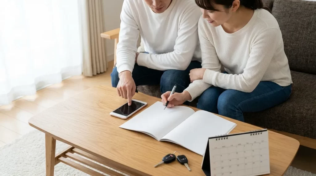 購入前に仮申込を相談する日本人夫婦