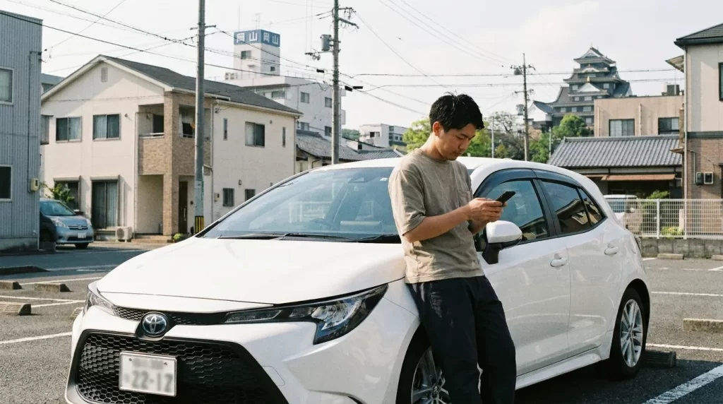 岡山の市街地で車とスマホを確認する日本人男性