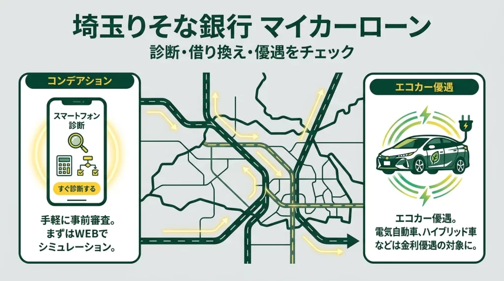埼玉りそな銀行マイカーローンのかんたん診断とEV・FCV優遇を示すアイキャッチ画像