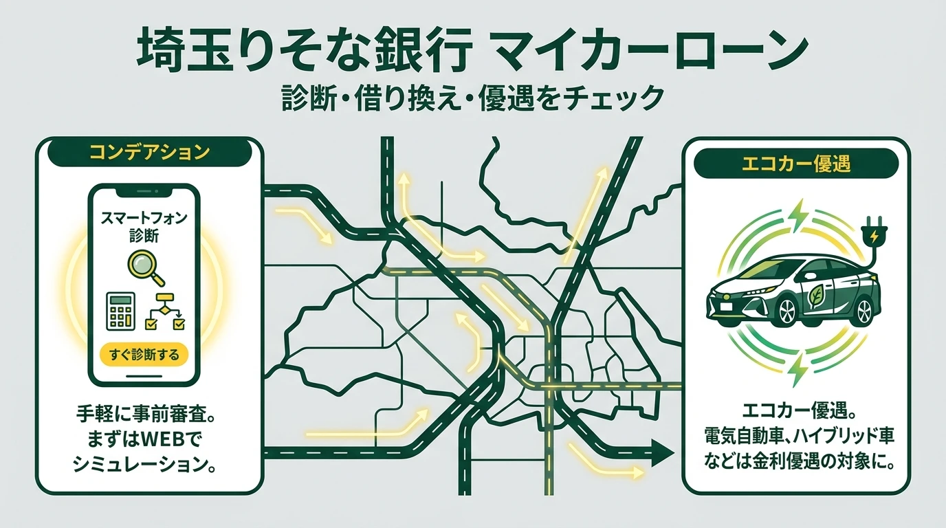 埼玉りそな銀行マイカーローンのかんたん診断とEV・FCV優遇を示すアイキャッチ画像