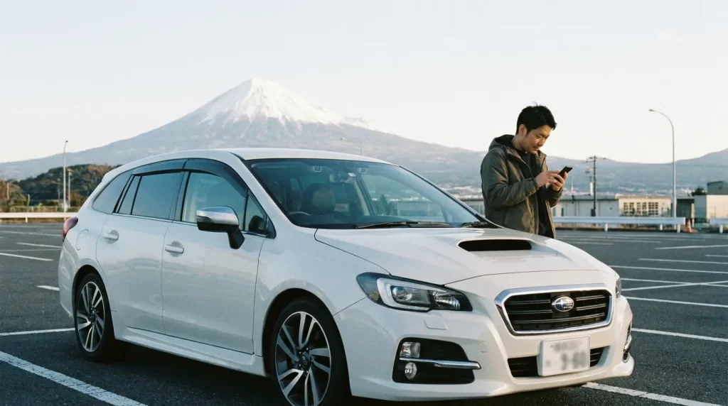 富士山遠景の駐車場で車とスマホを確認する日本人男性