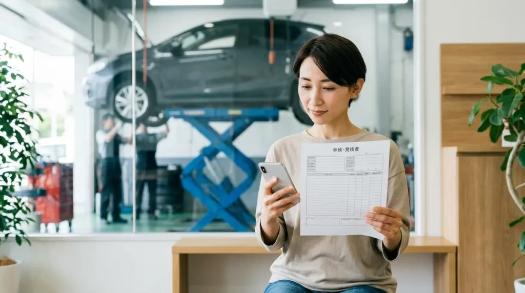 整備工場の待合で車検・修理見積りを確認する日本人女性