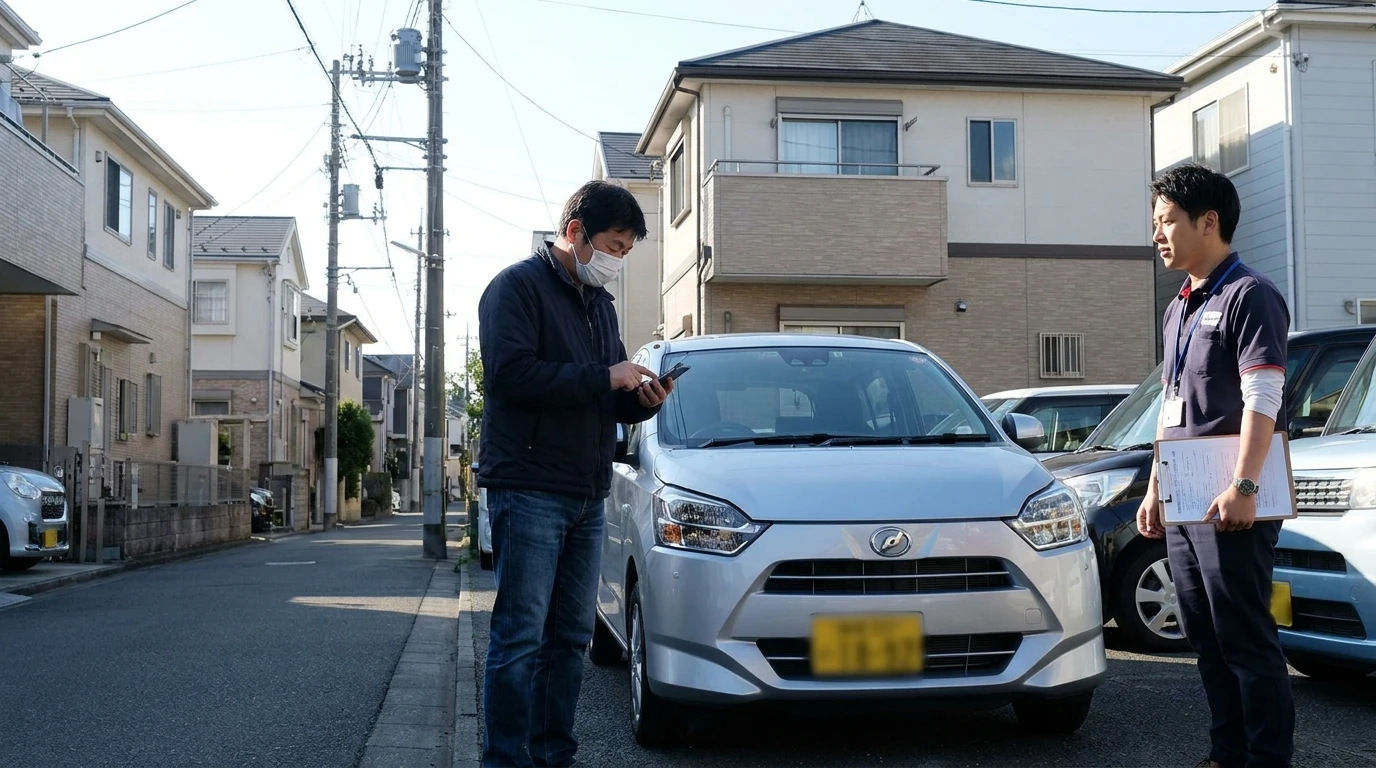 都内北部の自動車販売店前で、日本人男性がスマートフォン申込画面を確認している画像を配置。