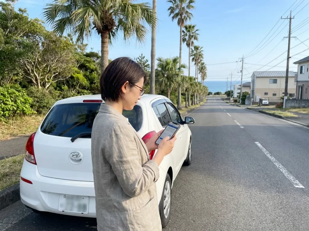 宮崎の明るい郊外道路で車とスマホを確認する日本人女性